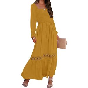 ZESICA Women’s 2026 Boho Long Sleeve Square Neck Smocked High Waist Flowy A Line Lace Trim Maxi Dress(Ginger)