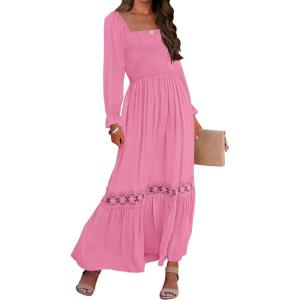 ZESICA Women’s 2026 Boho Long Sleeve Square Neck Smocked High Waist Flowy A Line Lace Trim Maxi Dress(Hot Pink)