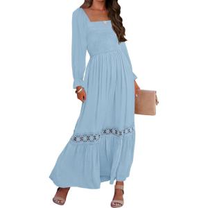 ZESICA Women’s 2026 Boho Long Sleeve Square Neck Smocked High Waist Flowy A Line Lace Trim Maxi Dress(Light Blue)