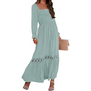 ZESICA Women’s 2026 Boho Long Sleeve Square Neck Smocked High Waist Flowy A Line Lace Trim Maxi Dress(Light Green)