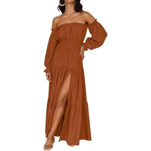 ZESICA Women’s 2026 Boho Sexy Off Shoulder Long Sleeve Smocked High Waist Side Split Flowy A Line Tiered Long Maxi Dress(Caramel)