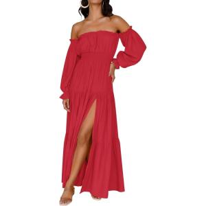 ZESICA Women’s 2026 Boho Sexy Off Shoulder Long Sleeve Smocked High Waist Side Split Flowy A Line Tiered Long Maxi Dress(Cherry)