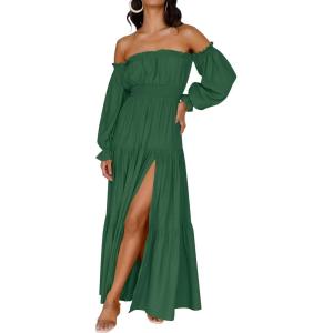ZESICA Women’s 2026 Boho Sexy Off Shoulder Long Sleeve Smocked High Waist Side Split Flowy A Line Tiered Long Maxi Dress(Dark Green)