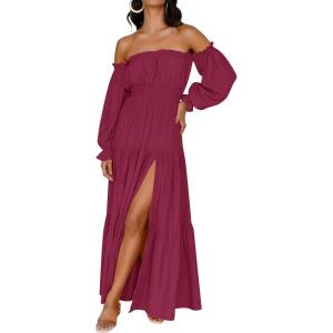 ZESICA Women’s 2026 Boho Sexy Off Shoulder Long Sleeve Smocked High Waist Side Split Flowy A Line Tiered Long Maxi Dress(Fuchsia)