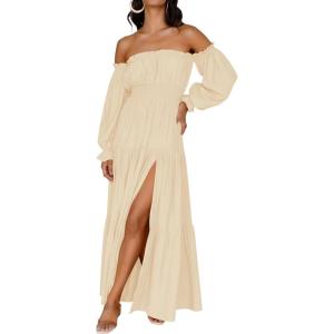 ZESICA Women’s 2026 Boho Sexy Off Shoulder Long Sleeve Smocked High Waist Side Split Flowy A Line Tiered Long Maxi Dress(Light Yellow)
