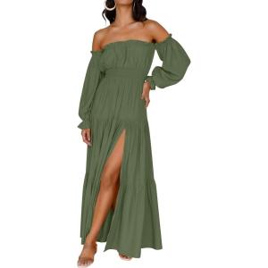 ZESICA Women’s 2026 Boho Sexy Off Shoulder Long Sleeve Smocked High Waist Side Split Flowy A Line Tiered Long Maxi Dress(Olive)