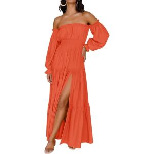 ZESICA Women’s 2026 Boho Sexy Off Shoulder Long Sleeve Smocked High Waist Side Split Flowy A Line Tiered Long Maxi Dress(Orange)