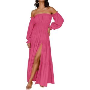 ZESICA Women’s 2026 Boho Sexy Off Shoulder Long Sleeve Smocked High Waist Side Split Flowy A Line Tiered Long Maxi Dress(Rose)