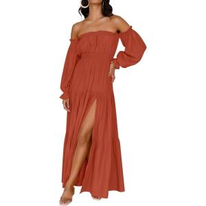 ZESICA Women’s 2026 Boho Sexy Off Shoulder Long Sleeve Smocked High Waist Side Split Flowy A Line Tiered Long Maxi Dress(Rust)