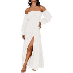 ZESICA Women’s 2026 Boho Sexy Off Shoulder Long Sleeve Smocked High Waist Side Split Flowy A Line Tiered Long Maxi Dress(White)