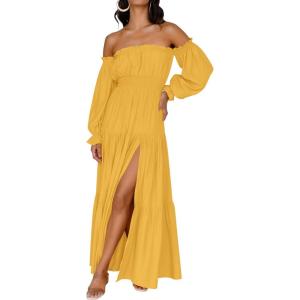ZESICA Women’s 2026 Boho Sexy Off Shoulder Long Sleeve Smocked High Waist Side Split Flowy A Line Tiered Long Maxi Dress(Yellow)