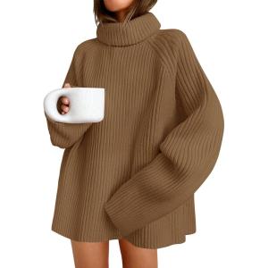 ZESICA Women’s 2026 Fall Winter Sweaters Oversized Turtleneck Long Sleeve Chunky Knitted Pullover Sweater Jumper Tops(Brown)