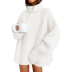 ZESICA Women’s 2026 Fall Winter Sweaters Oversized Turtleneck Long Sleeve Chunky Knitted Pullover Sweater Jumper Tops(White)