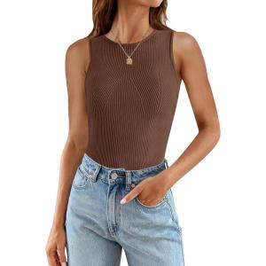 ZESICA Womens 2026 Ribbed Tank Tops Summer Sleeveless High Neck Casual Slim Fitted Basic Knit Shirts(Brown)