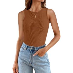 ZESICA Womens 2026 Ribbed Tank Tops Summer Sleeveless High Neck Casual Slim Fitted Basic Knit Shirts(Darkbrown)