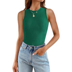 ZESICA Womens 2026 Ribbed Tank Tops Summer Sleeveless High Neck Casual Slim Fitted Basic Knit Shirts(Green)