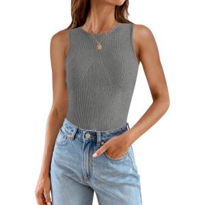 ZESICA Womens 2026 Ribbed Tank Tops Summer Sleeveless High Neck Casual Slim Fitted Basic Knit Shirts(Grey)