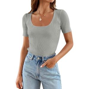 ZESICA Women’s 2026 Short Sleeve Square Neck T Shirts Slim Fitted Summer Ribbed Knit Basic Casual Tee Tops(Grey)