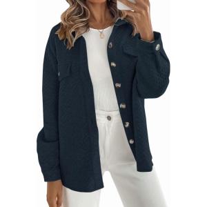 ZESICA Women’s 2026 Spring Casual Long Sleeve Button Down Loose Lightweight Shacket Shirt Jacket Coat Outerwear with Pockets(Navy)