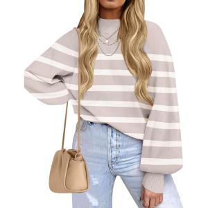 ZESICA Women’s 2026 Spring Fashion Turtleneck Long Sleeve Striped Ribbed Knit Loose Pullover Sweater Tops(Almond)