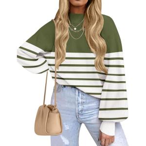 ZESICA Women’s 2026 Spring Fashion Turtleneck Long Sleeve Striped Ribbed Knit Loose Pullover Sweater Tops(Armygreen)