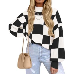 ZESICA Women’s 2026 Spring Fashion Turtleneck Long Sleeve Striped Ribbed Knit Loose Pullover Sweater Tops(Blackplaid)
