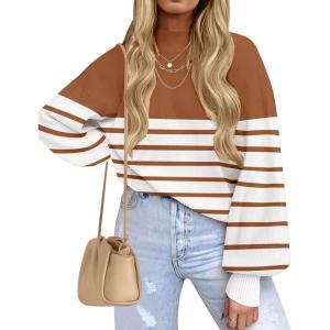ZESICA Women’s 2026 Spring Fashion Turtleneck Long Sleeve Striped Ribbed Knit Loose Pullover Sweater Tops(Caramel)