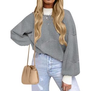 ZESICA Women’s 2026 Spring Fashion Turtleneck Long Sleeve Striped Ribbed Knit Loose Pullover Sweater Tops(Carbon)