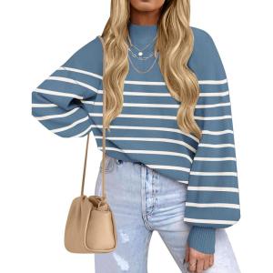 ZESICA Women’s 2026 Spring Fashion Turtleneck Long Sleeve Striped Ribbed Knit Loose Pullover Sweater Tops(Darkblue)
