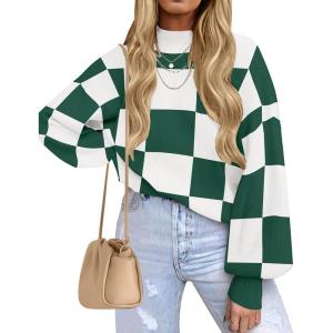 ZESICA Women’s 2026 Spring Fashion Turtleneck Long Sleeve Striped Ribbed Knit Loose Pullover Sweater Tops(Darkgreenplaid)
