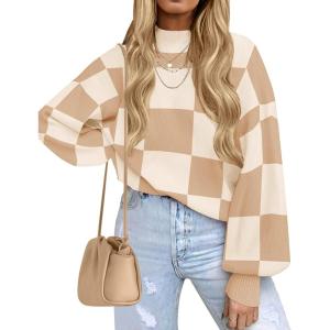 ZESICA Women’s 2026 Spring Fashion Turtleneck Long Sleeve Striped Ribbed Knit Loose Pullover Sweater Tops(Khakiplaid)