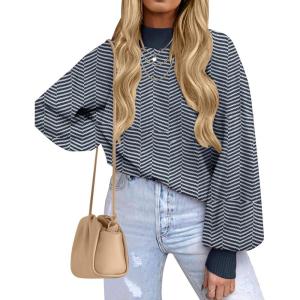 ZESICA Women’s 2026 Spring Fashion Turtleneck Long Sleeve Striped Ribbed Knit Loose Pullover Sweater Tops(Navystripe)