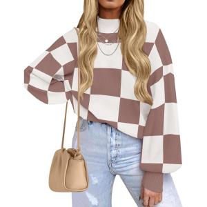 ZESICA Women’s 2026 Spring Fashion Turtleneck Long Sleeve Striped Ribbed Knit Loose Pullover Sweater Tops(Nutmeg)