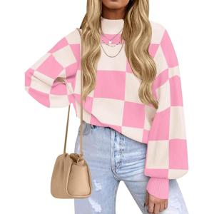 ZESICA Women’s 2026 Spring Fashion Turtleneck Long Sleeve Striped Ribbed Knit Loose Pullover Sweater Tops(Pinkplaid)
