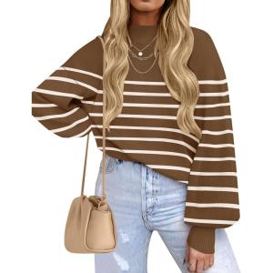 ZESICA Women’s 2026 Spring Fashion Turtleneck Long Sleeve Striped Ribbed Knit Loose Pullover Sweater Tops(Tan)