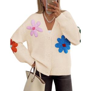 ZESICA Womens 2026 Spring Floral Cardigan Sweaters Casual Long Sleeve Open Front Button Down V Neck Knit Sweater(Apricot)