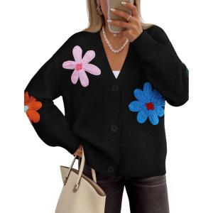 ZESICA Womens 2026 Spring Floral Cardigan Sweaters Casual Long Sleeve Open Front Button Down V Neck Knit Sweater(Black)