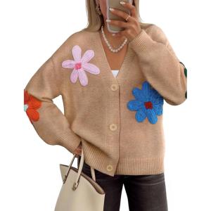 ZESICA Womens 2026 Spring Floral Cardigan Sweaters Casual Long Sleeve Open Front Button Down V Neck Knit Sweater(Khaki)