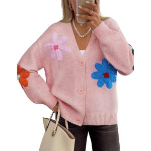 ZESICA Womens 2026 Spring Floral Cardigan Sweaters Casual Long Sleeve Open Front Button Down V Neck Knit Sweater(Pink)