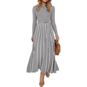 ZESICA Womens 2026 Spring Turtleneck Long Sleeve Sweater Dress Tie Waist Casual Loose Ribbed Knit A Line Midi Dresses(Grey)
