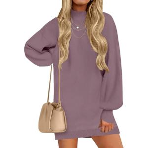 ZESICA Women’s 2026 Spring Turtleneck Sweater Dress Oversized Long Lantern Sleeve Casual Knit Pullover Mini Dresses(Darkviolet)