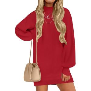 ZESICA Women’s 2026 Spring Turtleneck Sweater Dress Oversized Long Lantern Sleeve Casual Knit Pullover Mini Dresses(Red)