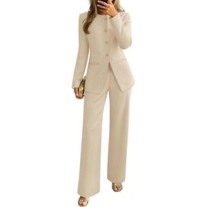 ZESICA Women’s 2026 Spring Two Piece Suits Set Casual Business Long Sleeve Blazer Jacket Wide Leg Pants Work Outfits Sets(Apricot)
