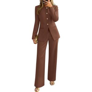 ZESICA Women’s 2026 Spring Two Piece Suits Set Casual Business Long Sleeve Blazer Jacket Wide Leg Pants Work Outfits Sets(Brown)