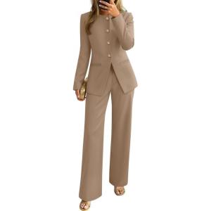 ZESICA Women’s 2026 Spring Two Piece Suits Set Casual Business Long Sleeve Blazer Jacket Wide Leg Pants Work Outfits Sets(Khaki)