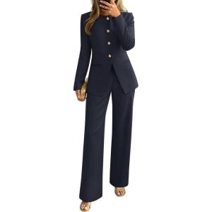 ZESICA Women’s 2026 Spring Two Piece Suits Set Casual Business Long Sleeve Blazer Jacket Wide Leg Pants Work Outfits Sets(Navy)