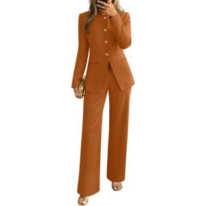 ZESICA Women’s 2026 Spring Two Piece Suits Set Casual Business Long Sleeve Blazer Jacket Wide Leg Pants Work Outfits Sets(Rust)