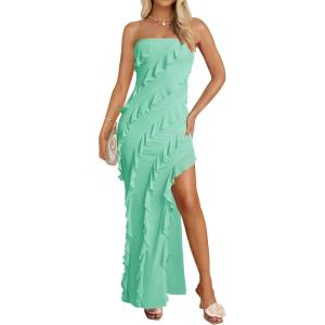 ZESICA Women’s 2026 Strapless Bodycon Dress Sexy Off Shoulder Mesh Tassel Ruffle Side Split Tube Party Maxi Dresses(Mint)