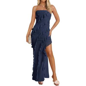 ZESICA Women’s 2026 Strapless Bodycon Dress Sexy Off Shoulder Mesh Tassel Ruffle Side Split Tube Party Maxi Dresses(Navy)