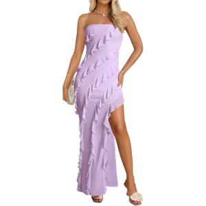 ZESICA Women’s 2026 Strapless Bodycon Dress Sexy Off Shoulder Mesh Tassel Ruffle Side Split Tube Party Maxi Dresses(Purple)